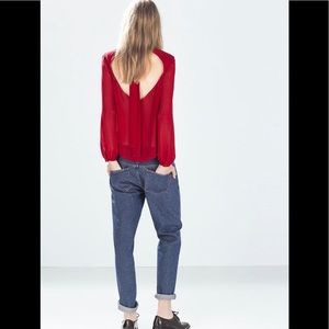 Zara Red Sheer Blouse with Back Neck Tie - Large